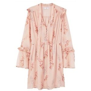 MNG Mango Floral Ruffle Mini Dress Pink Boho Cottagecore Sheer, Size Large